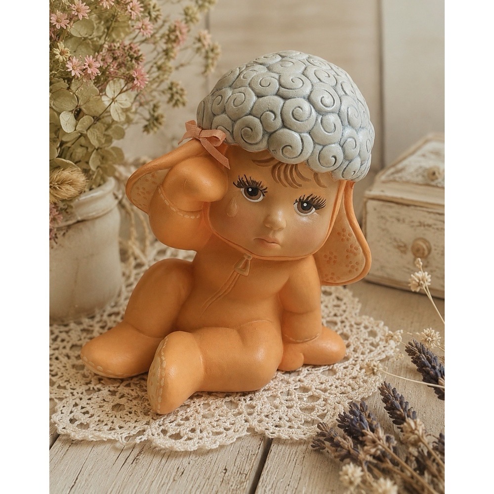 VTG Ceramic Mold Sweet Tots Lamb Crying Orange Anthropomorphic Kitsch Grannycore